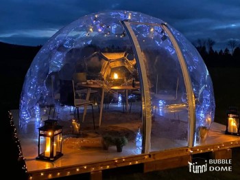 BUBBLE DOME, Ø 3.6 m, H: 2.14m, mit Reissverschlusstüre an einem stürmischen Abend