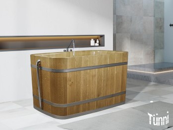 OFURO HOLZBADEWANNE RUNDE ECKEN, Freistehende Holzbadewanne aus Eichenholz in modernem SPA- Raum.