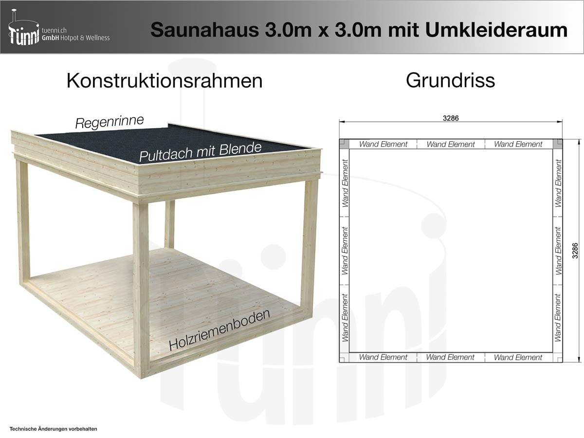 Fundamentplan Saunahaus 3m x 3m mit Umkleideraum