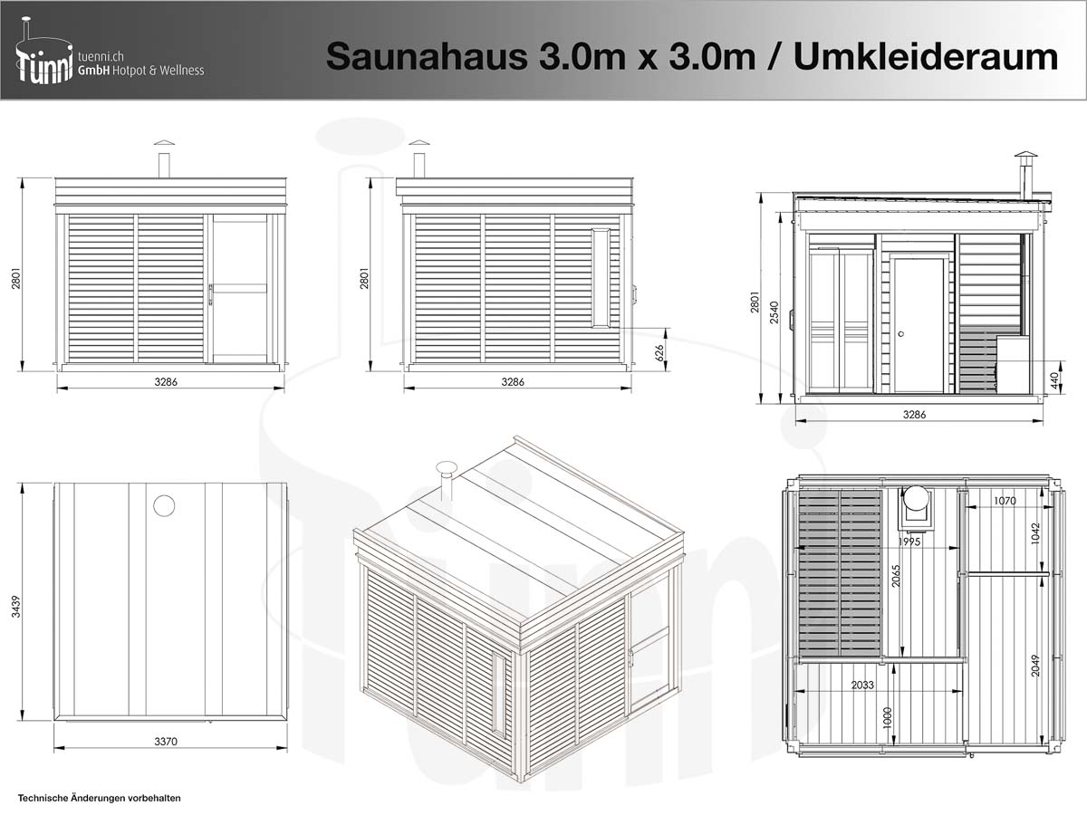 Zeichnung: Saunahaus 3.0m x 3.0m mit Umkleideraum