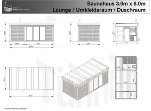 Zeichnung: Saunahaus 3.0m x 6.0m, mit Duschraum, Lounge und Umkleideraum