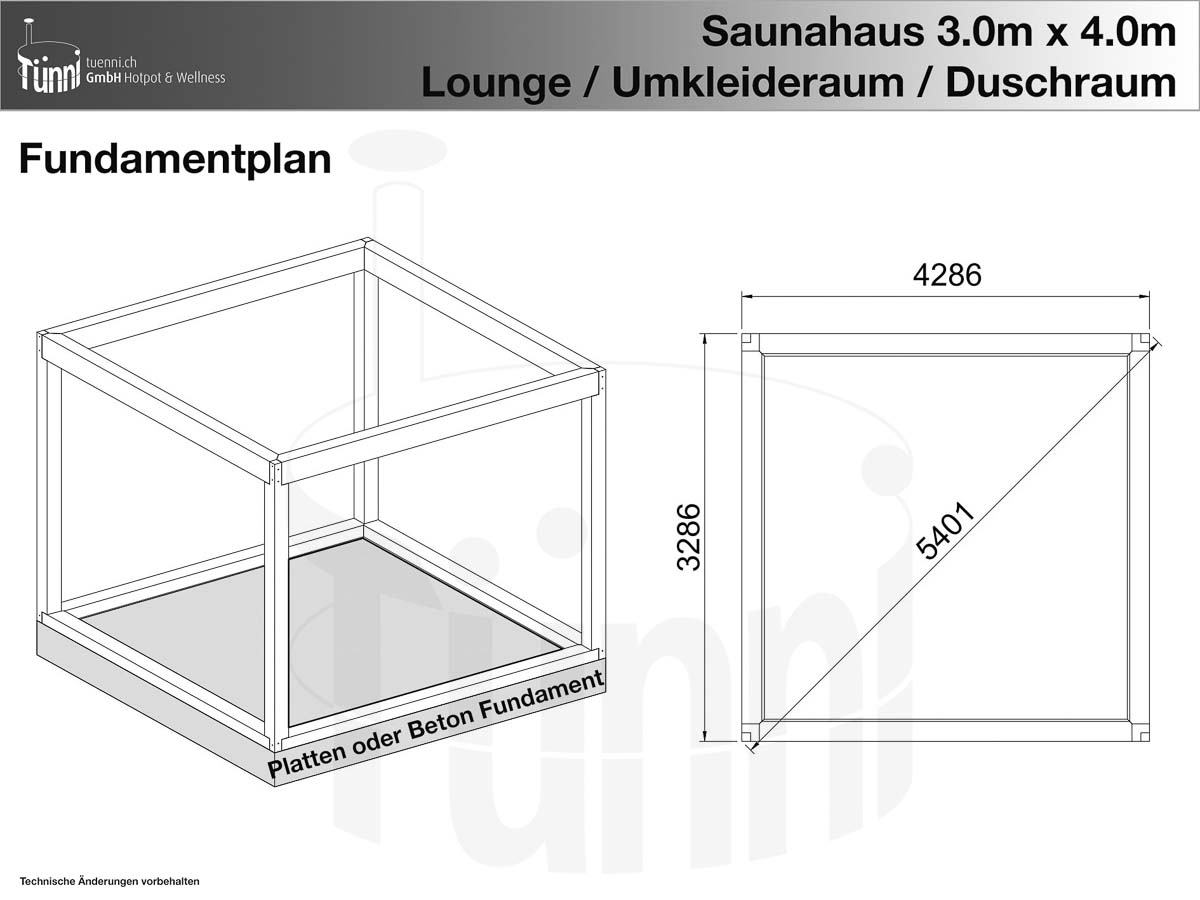 Fundamentplan: Saunahaus 3x4m mit Lounge, Umkleideraum und Duschraum