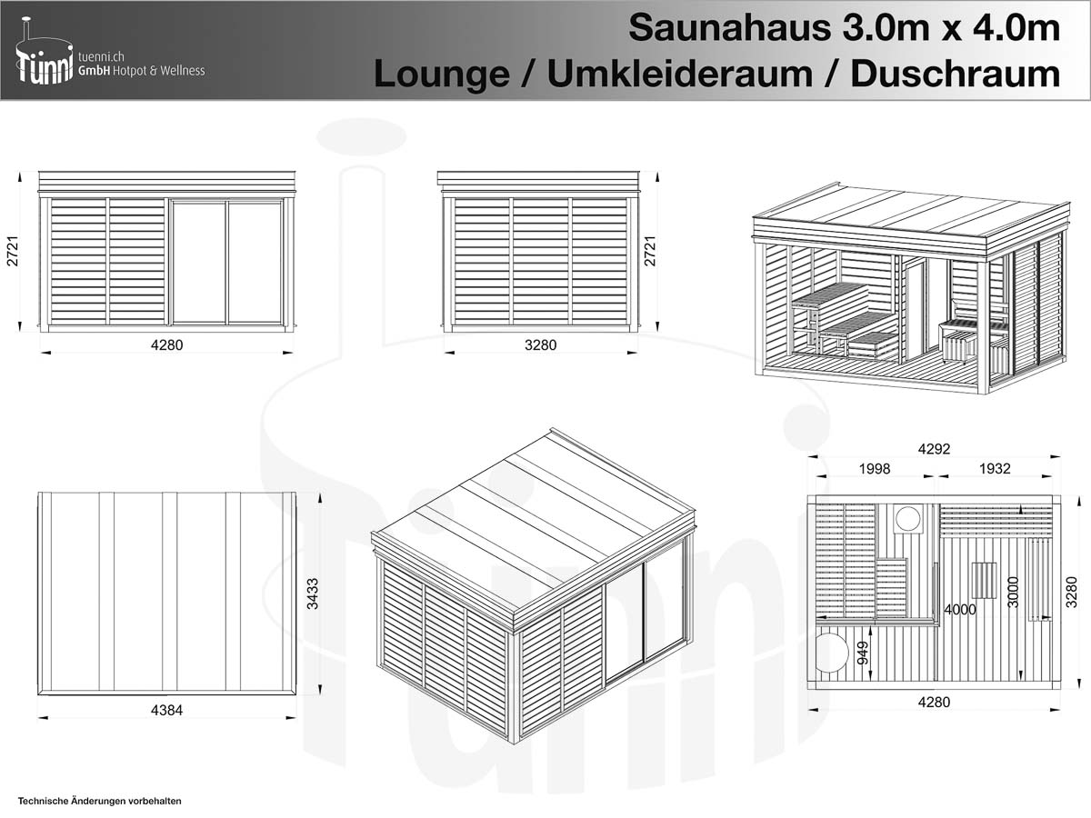 Zeichnung: Saunahaus 3x4m mit Lounge, Umkleideraum und Duschraum