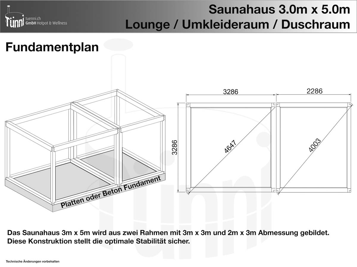 Fundamentplan: Saunahaus 3x5m mit Lounge, Umkleideraum und Duschraum