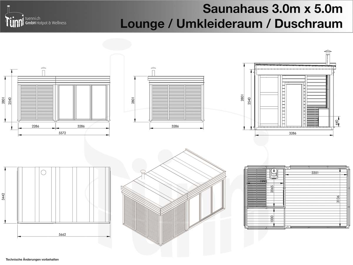 Zeichnung: Saunahaus 3x5m mit Lounge, Umkleideraum und Duschraum