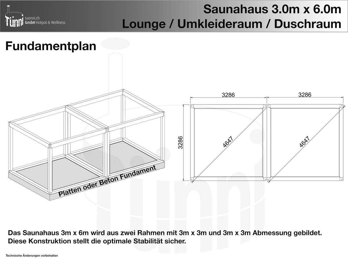 Fundamentplan: Saunahaus 3x6m mit Lounge, Umkleideraum und Duschraum