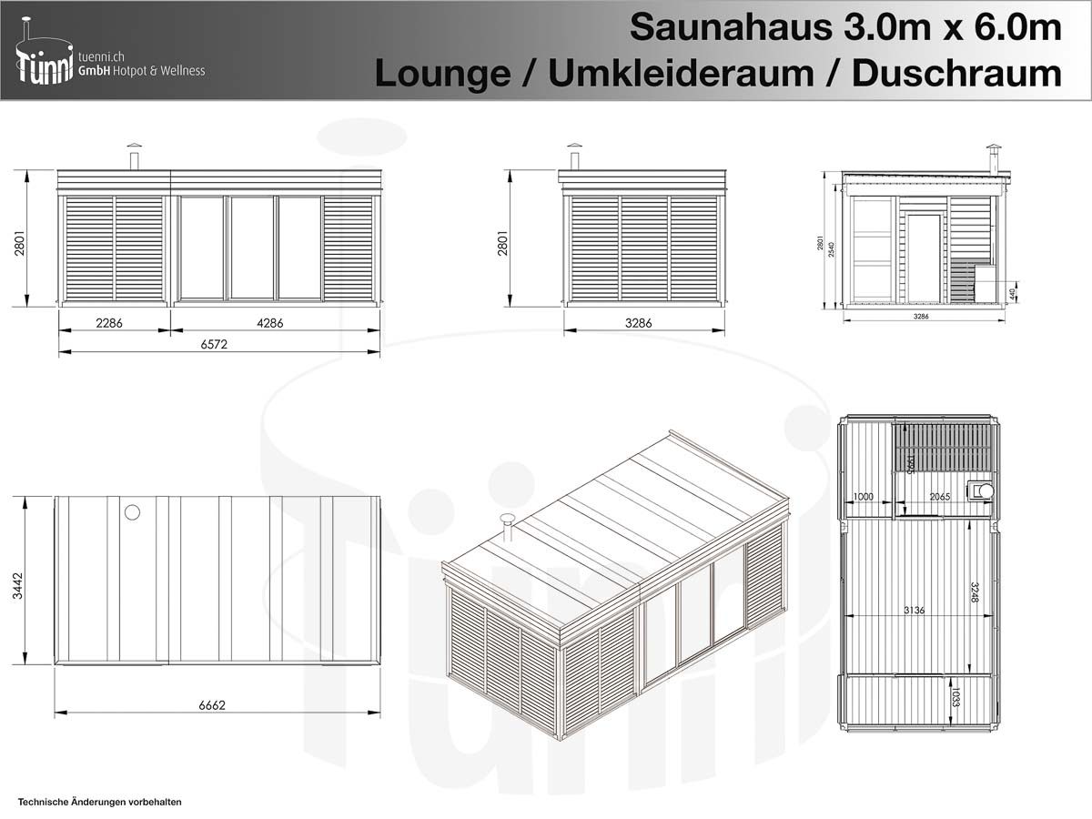 Zeichnung: Saunahaus 3x6m mit Lounge, Umkleideraum und Duschraum